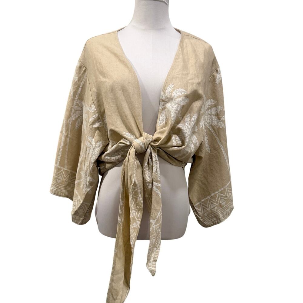 Bellissima Kim Gravel Linen Blend Tie Front Kimono Large Beige Palm Tree Resort